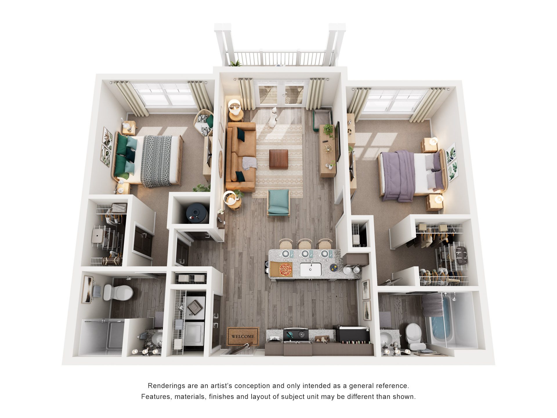 Floor plan for 2 beds, 2 baths, 1055 sqft